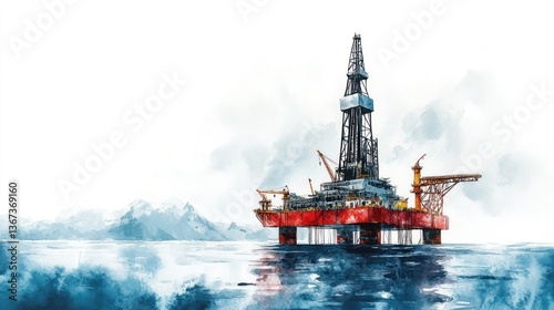 Watercolor painting of an oil rig at sea.