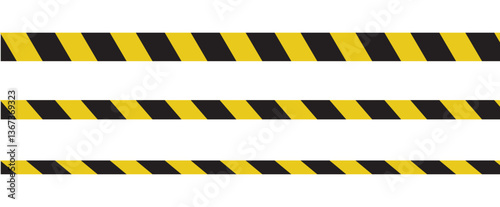 Warning tape with yellow and black diagonal stripes. Warn stop seamless line. Yellow and black caution tape border. Long danger ribbon. Vector illustration on white background.