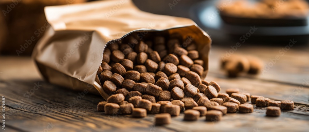 Brown bag for pet food. Paper bag with spilled pet food