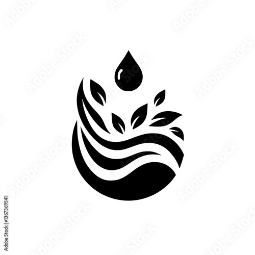 Elegant monochrome logo featuring a water droplet merging with stylized waves and sprouting leaves, symbolizing purity and natural growth.