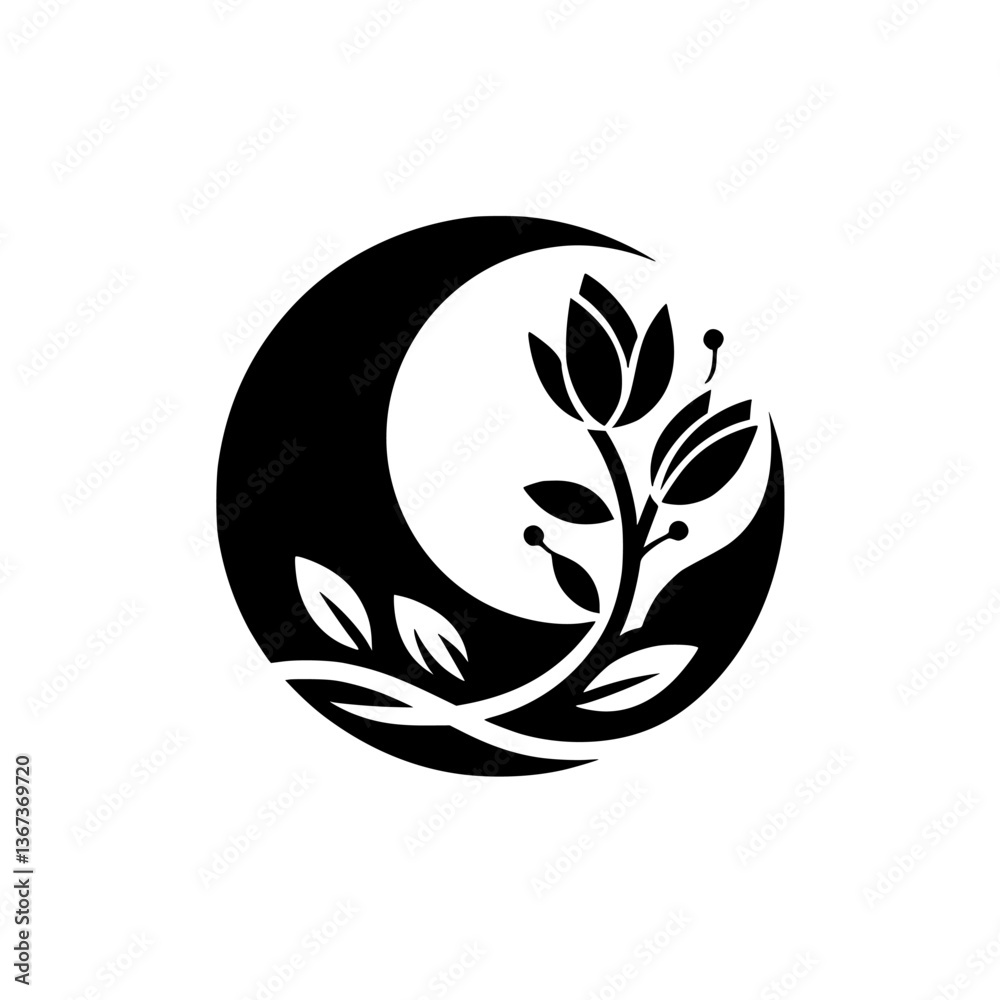 Fototapeta premium Intricate black floral design featuring a blooming branch against a crescent moon backdrop, creating a harmonious emblem, set on a white background with a subtle shadow effect.