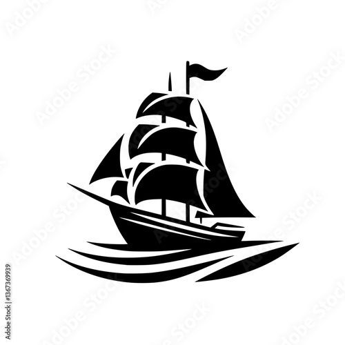 Stylized, black and white illustration of a classic sailboat gliding across the ocean waves, showcasing nautical themes.