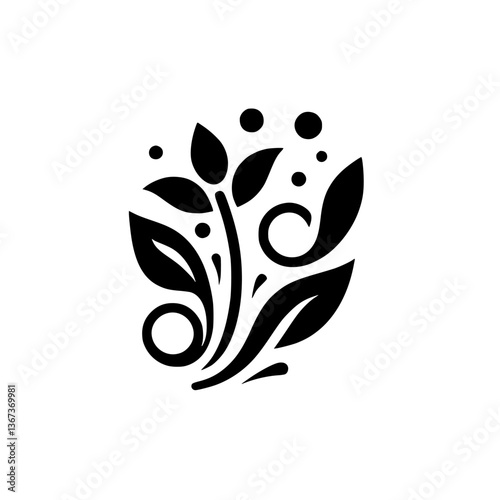 Elegant Black & White Floral Silhouette: A Stylized Botanical Illustration with Twirls and Dots on a Clean White Background.