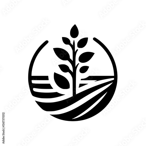 A minimalist black and white logo featuring a stylized plant growing from cultivated farmland, encircled, representing sustainable agriculture.