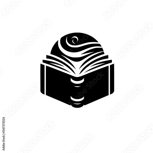A minimalist black and white logo depicts an open book with stylized swirling lines emanating from its pages, symbolizing knowledge.