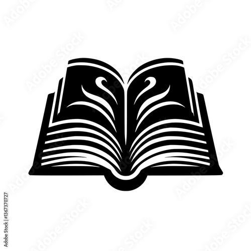 A stylized, high-contrast, black and white graphic of an open book, featuring decorative curved lines emanating from the central spine and resembling ornate calligraphy.