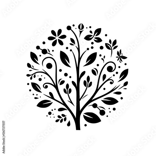A stylized, symmetrical black and white circular floral emblem depicts an abstracted tree composed of leaves, berries, and blossoming flowers, emphasizing natural elegance.