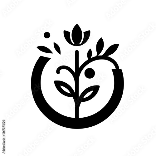 Elegant Black & White Floral Emblem: A stylized flower and foliage design enclosed within a partial circular frame, symbolizing growth and nature.
