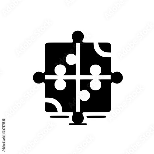A minimalist black and white icon featuring a completed jigsaw puzzle, representing unity, connection, and problem-solving, set against a clean white background.