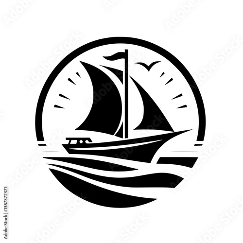 Stylized Black & White Nautical Emblem: A Sailing Ship on Wavy Seas Inside a Circle with Sun & Birds.