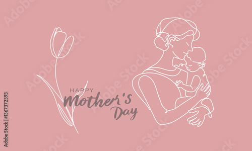 Minimalist line art Mother's Day illustration featuring a mother tenderly embracing her child, with tulip symbolizing love and warmth.