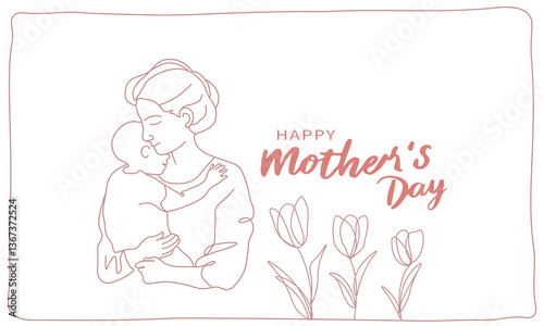 Minimalist line art Mother's Day illustration featuring a mother tenderly embracing her child, with tulip symbolizing love and warmth.