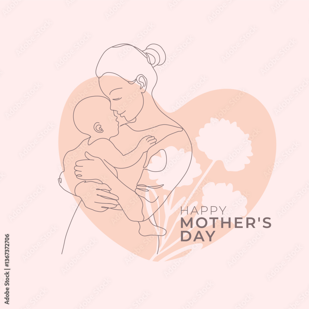 Mother's Day card design in a hand drawn line art style, featuring a mother gently embracing her child, adorned with carnations and hearts.