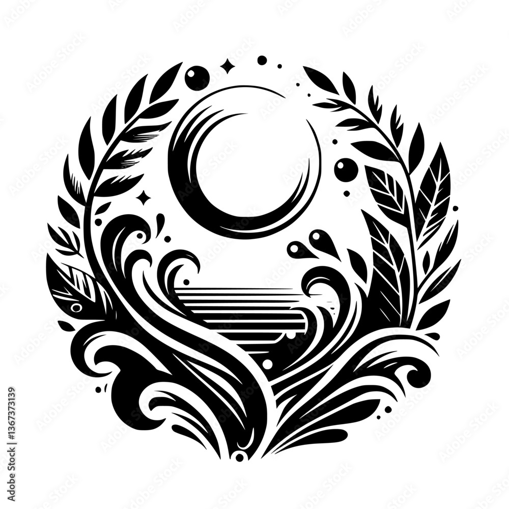 Fototapeta premium Elegant Black & White Circular Design: A Stylized Ocean Scene with Moon, Waves, and Foliage, Evoking Serenity and Nature's Beauty.