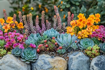 A border made of tiny succulents mixed with flowering cacti