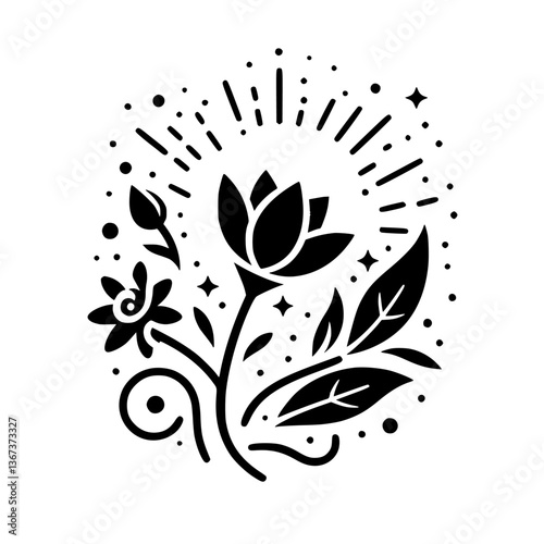 Stylized monochrome illustration of radiant flowers and foliage, arranged in a symmetrical floral design.