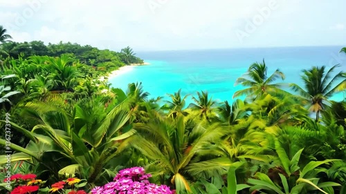 Stunning view of tropical beach with lush palm trees and turquoise ocean opens behind wooden shutters