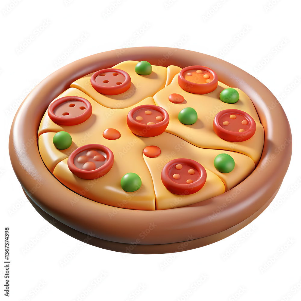 3D Pizza with Pepperoni and Green Peppers on White Background for Food Design 3D Pizza with Pepperoni and Green Peppers on White Background for Food Design