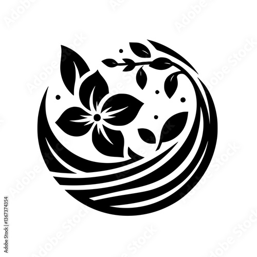 A stylized black and white circular logo depicting a blooming flower, leaves, and flowing lines, evoking nature and elegance.
