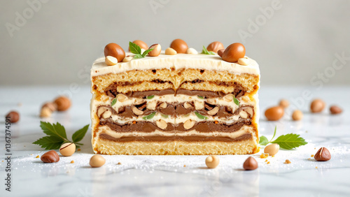 Easter cake with hazelnuts, Cross-section of a layered hazelnut cake with cream and nuts on a marble surface