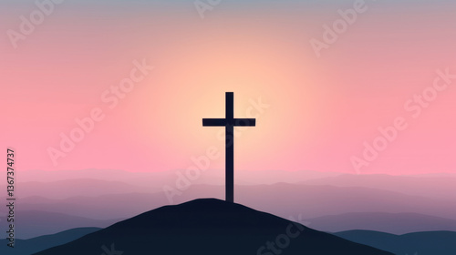 Minimalist Easter sunrise with pastel sky and lone cross silhouette, ideal for worship visuals, inspirational wall art, and faith-based branding