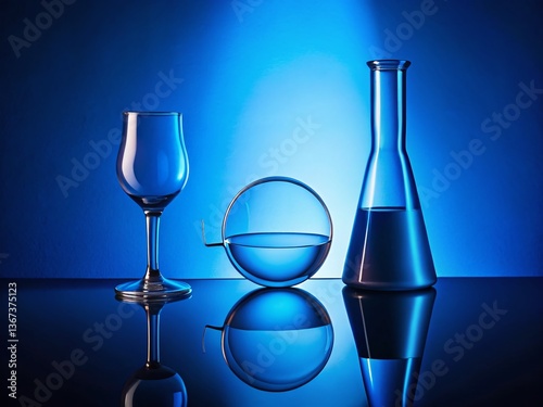 Blue Minimalist Product Photography: Magnifying Glass & Glassware Silhouette