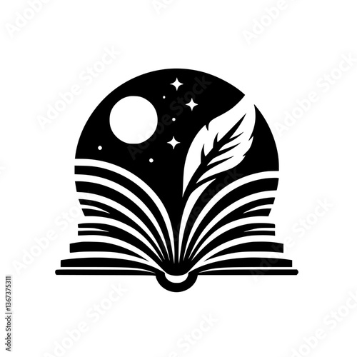 Celestial Storyteller: A stylized illustration of an open book revealing a night sky scene with a quill, symbolizing knowledge and creativity.