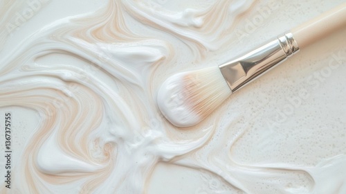 Obraz na płótnie Close-up of a makeup brush applying fluid base on a white surface. w salonie