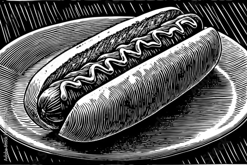 hotdog with cheese on plate hand drawn sketch black and white illustration food