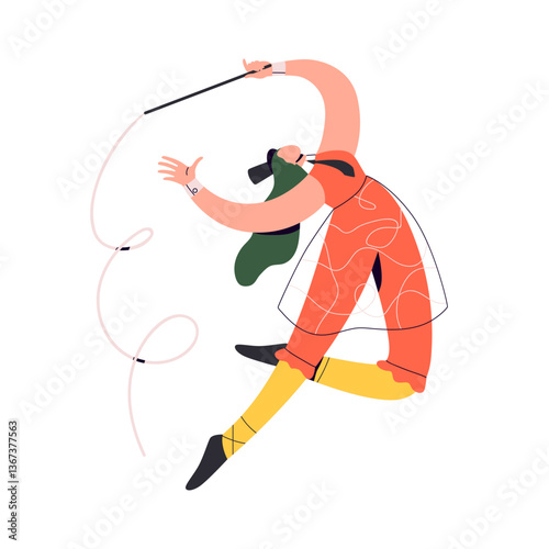 Rhythmic gymnast performing with flowing ribbon in leap movement, dynamic pose. Circus artist, acrobat dancing, acrobatics performance. Flat vector illustration isolated on white background