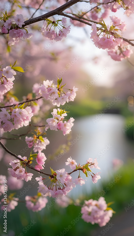 Cherry blossoms in bloom, serene mood, softly focused on a branch by a river, springtime vibes
