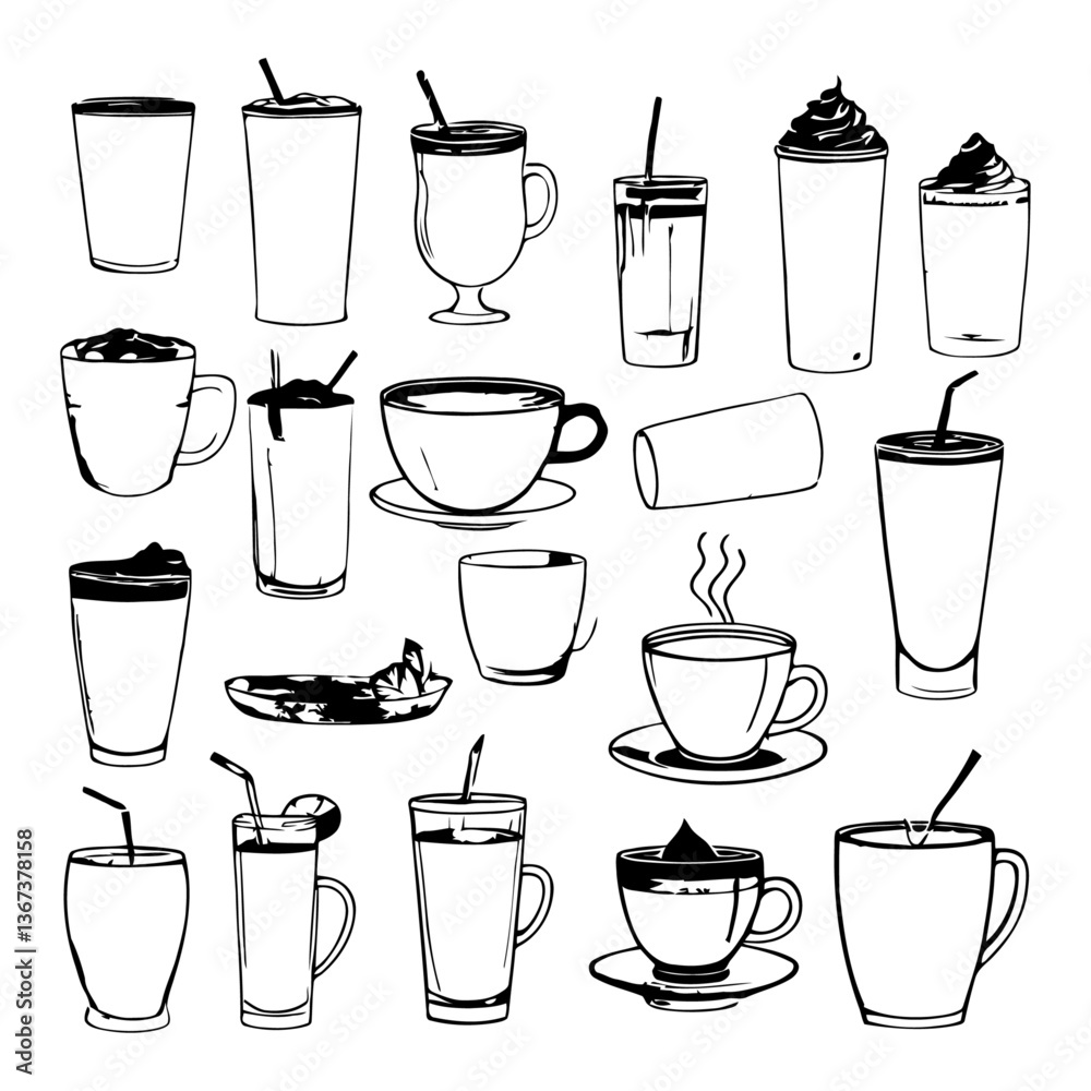 Obraz premium black and white vector silhouette of a collection of alcoholic and non-alcoholic beverages in different glassware on a white background