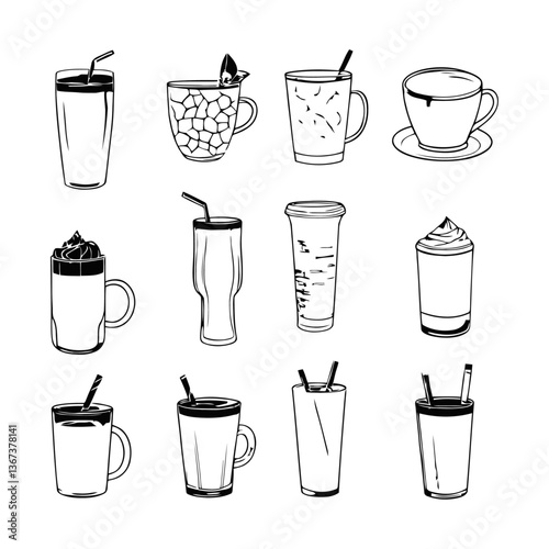 minimalistic black and white vector illustration of a cocktail shaker, drinks, and garnishes in a stylish hand-drawn outline on a clean white background.