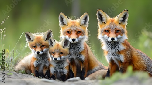 A beautiful red fox family poses for a captivating wildlife portrait in their natural forest habitat showcasing two adults and two adorable kits.