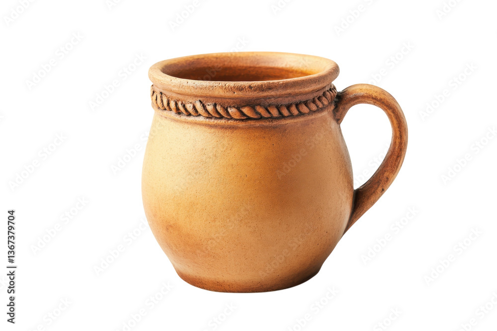 Handcrafted earthen mug showcasing intricate detailing and a warm, inviting tone in natural light isolated on transparent background