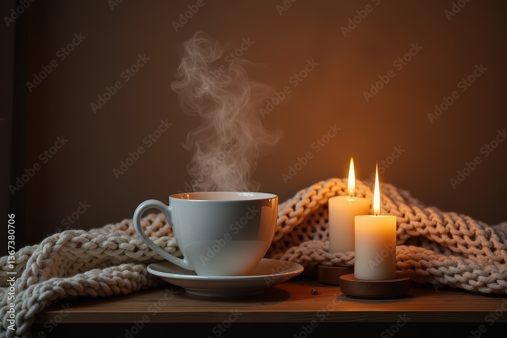 Cozy coffee nook with candles knitted blanket