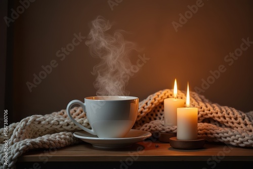 Obraz na płótnie Cozy coffee nook with candles knitted blanket w salonie