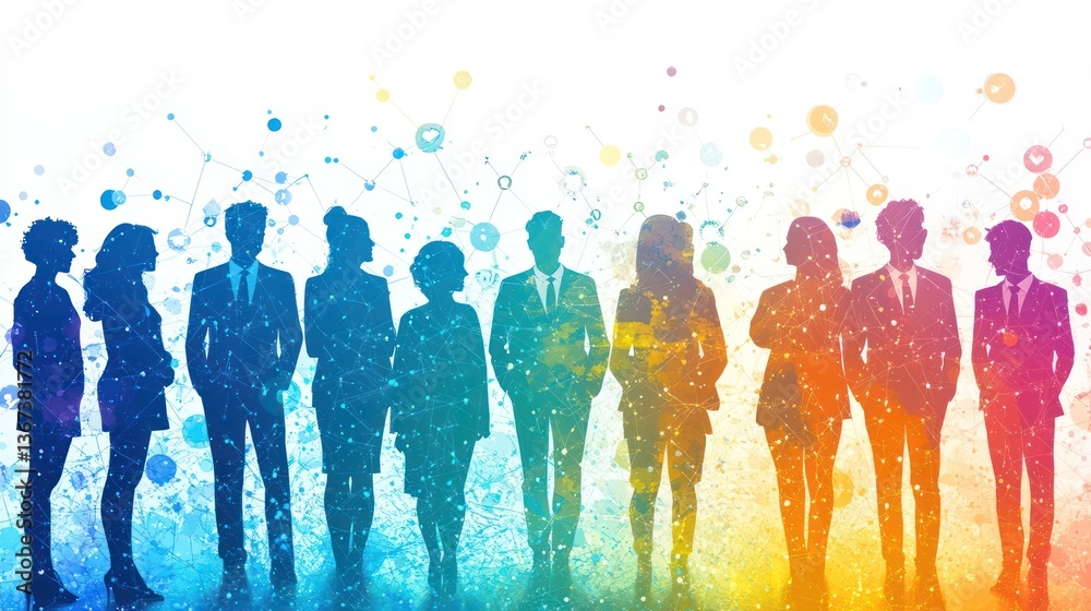 Diverse business team standing together, colorful watercolor effect.