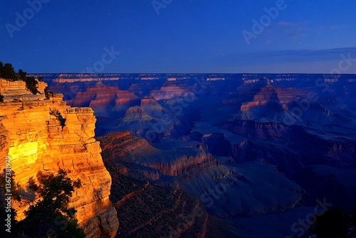 Dramatic Canyon at Night with Golden Glowing Rocks