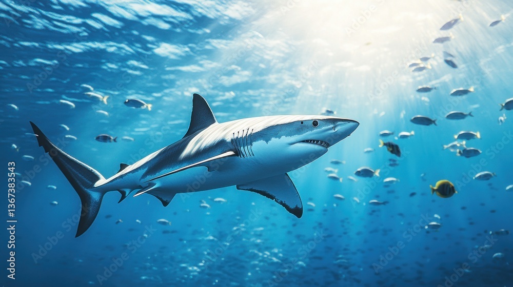 Fototapeta premium Shark and small fishes in ocean