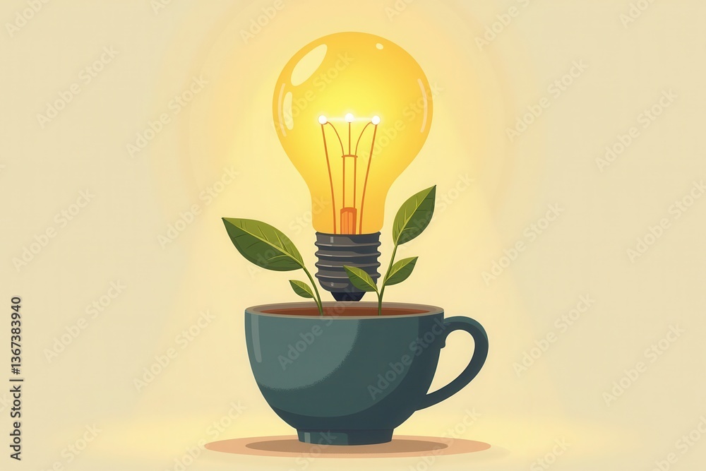 Creative concept of light bulb growing coffee cup