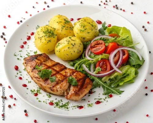 Grilled Chicken Breast with Potatoes and Fresh Salad