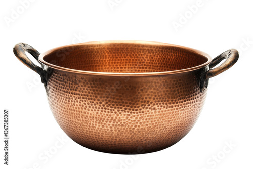 Artisan-crafted copper pot with a hammered finish resting on a clean, bright surface isolated on transparent background
