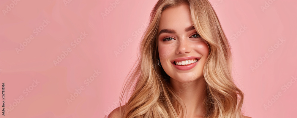 Naklejka premium Young lady wearing a smile against a pink backdrop