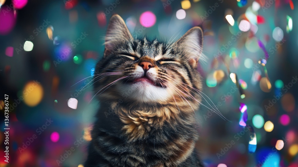 Happy tabby cat enjoying colorful confetti shower. Happy tabby cat enjoying colorful confetti shower.