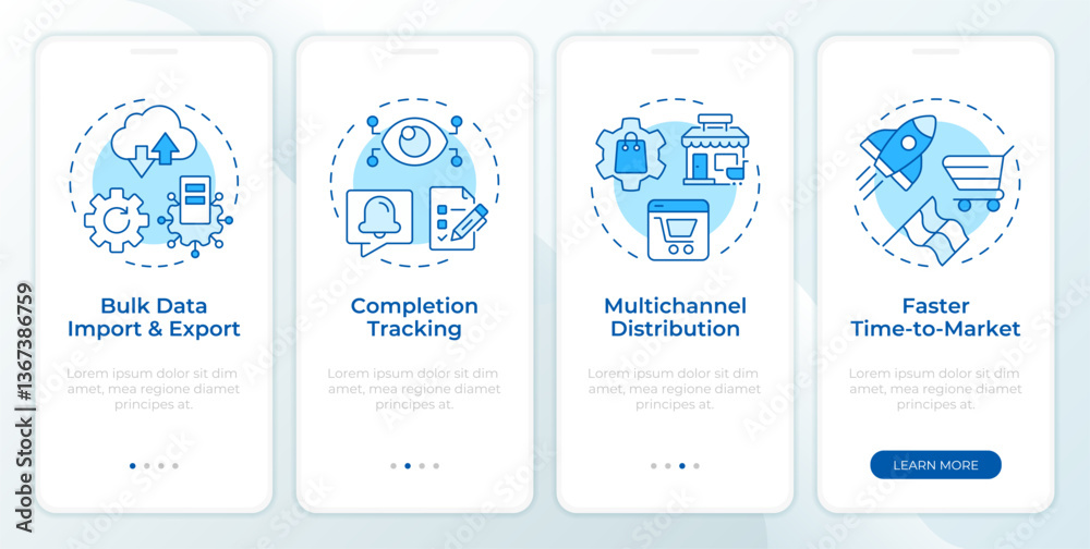 Fototapeta premium Benefits of using PIM system blue onboarding mobile app screen. E commerce. Walkthrough 4 steps editable graphic instructions with linear concepts. UI, UX, GUI. Montserrat SemiBold, Regular fonts used