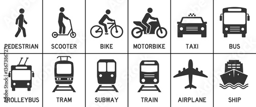 Public transportation. Set of vector icons for road signs and symbols: pedestrian, bicycle, car, bus, trolleybus, tram, subway, train, airplane and ship. Icons for urban transportation.