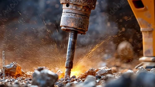 A close-up of a mining drill bit penetrating solid rock, sparks and debris flying in dramatic detail