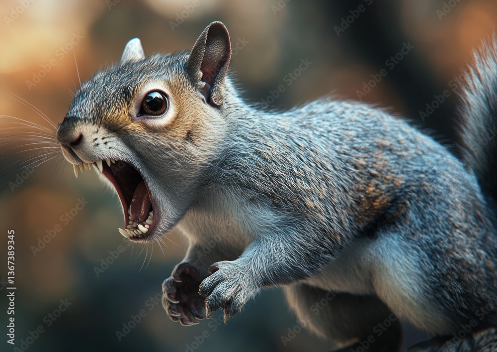 Obraz premium Side view of an angry gray squirrel on a photorealistic