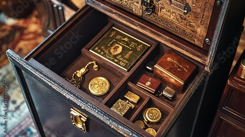 Exclusive vintage collection, luxury items, golden accessories in old wooden drawer